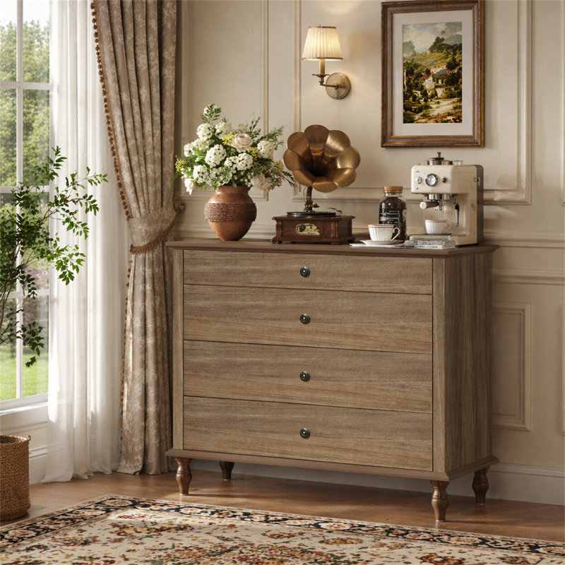 Grande commode à 4 tiroirs avec pied en bois massif, Naturel et brun clair, brun rustique