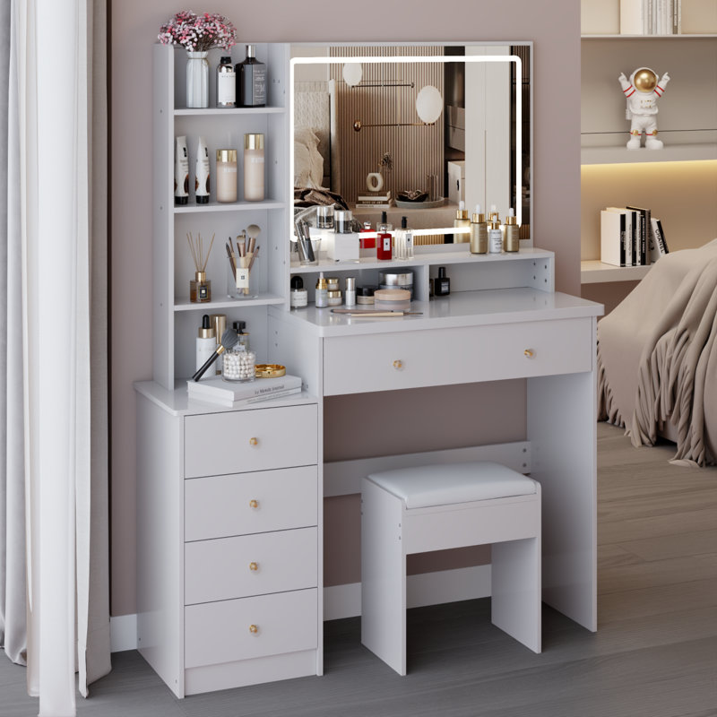 41" Vanity Table With LED Mirror And Storage For Large Space, White