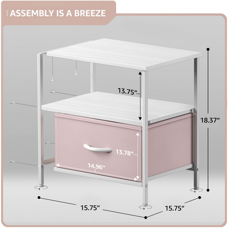 Sorbus 1 Drawer and Shelves Nightstand with Steel Frame, Wood Top & Fabric Bins - Pink, Pink