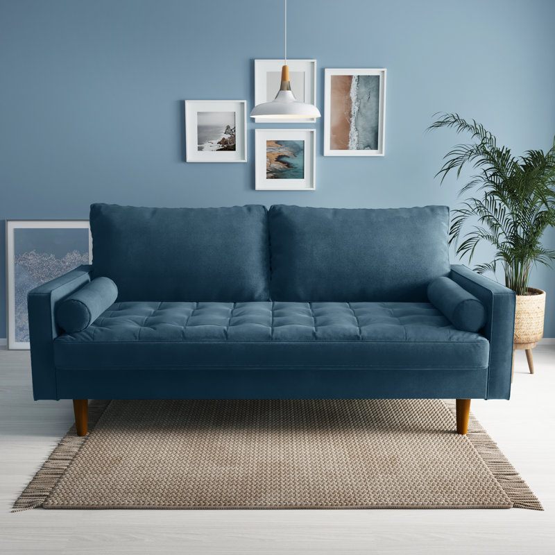 Sellner 70" Velvet Square Arm Tufted Seat Sofa, Prussian Blue Velvet