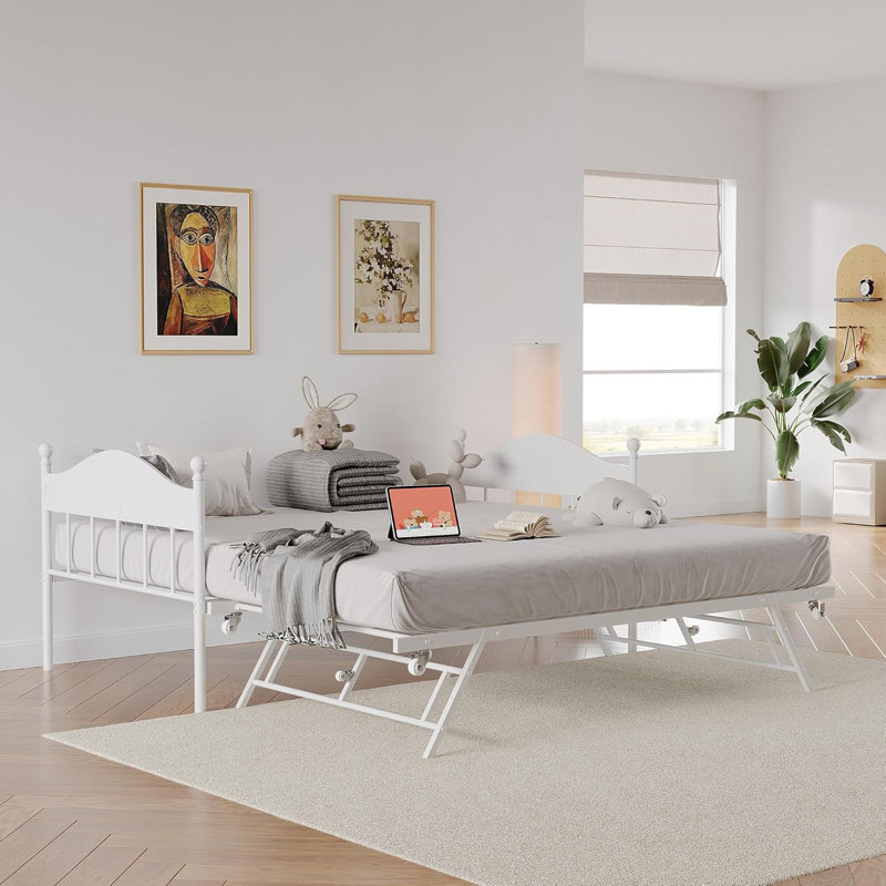 Daybed with Trundle, Sturdy Metal Twin Size Day Bed with Stylish Headboard, Height Adjustable Trundle Bed Twin, Heavy Duty Steel Slats Platform for Living Room, Bedroom and Guest Room