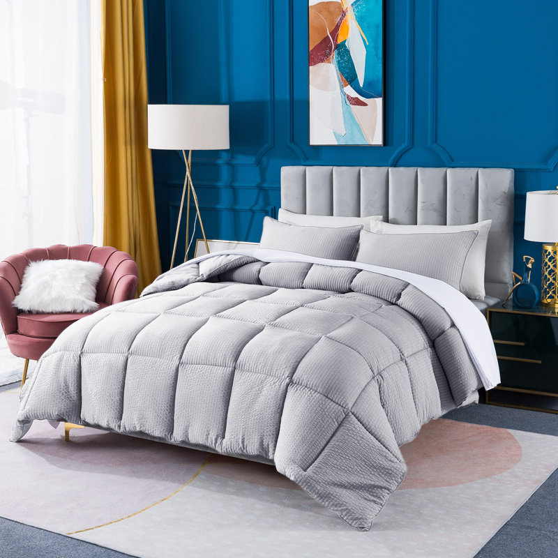 All Season Down Alternative Quilted Comforter Set-Soft Microfiber Seersucker Bedding Set Textured, Light Gray