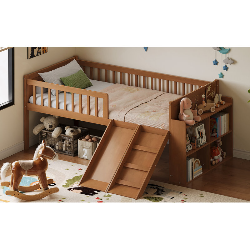 Structure de lit avec tablette de rangement, lit en bois avec glissoire et échelle, garde-corps, Walnut