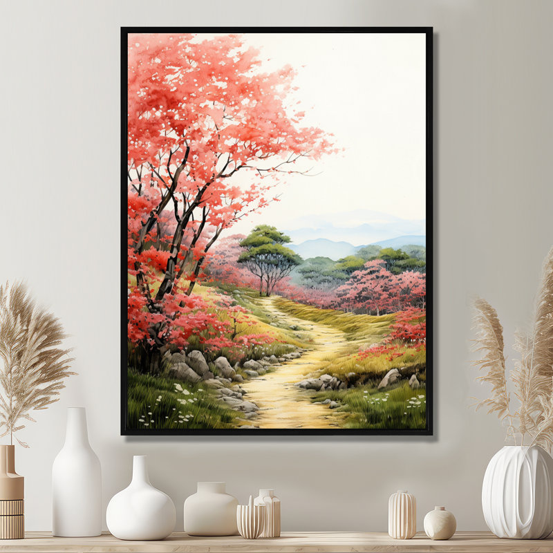 «Blossoming Red Autumn Tree Countryside Road», impression d'art mural campagne, Toile avec cadre flottant noir