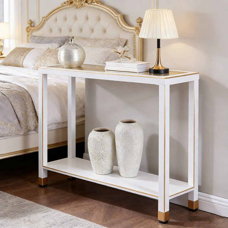 41"L Narrow Console Table with Glass Top & Lower Shelf 2-Tier Entryway Sofa Table for Living Room, Hallway, Foyer & Office, Gold & White