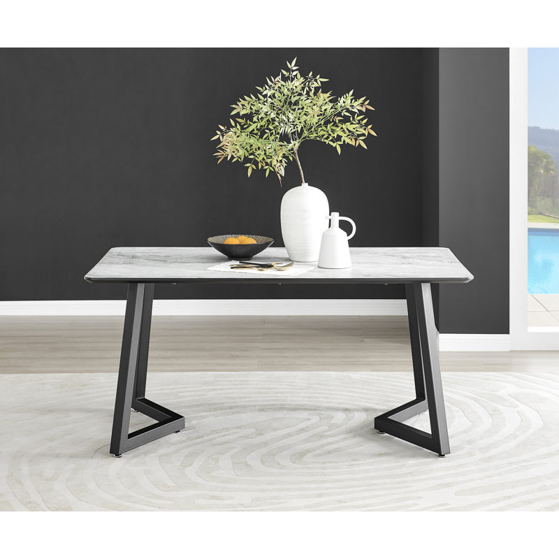 Industrial Design White & Grey Marble Effect Melamine Dining Table Set with 6 Button Velvet Chairs