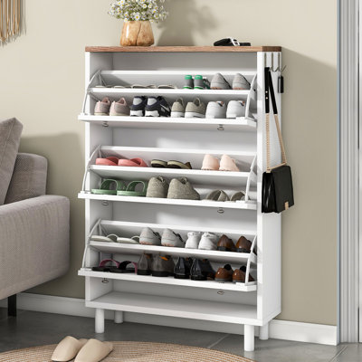 Meuble à chaussures blanc tendance avec 3 tiroirs rabattables et panneau réglable, plateau à finition grain de bois pour entrée, boîte à crochets contemporaine et tablettes, couloir à motif, 3 crochets