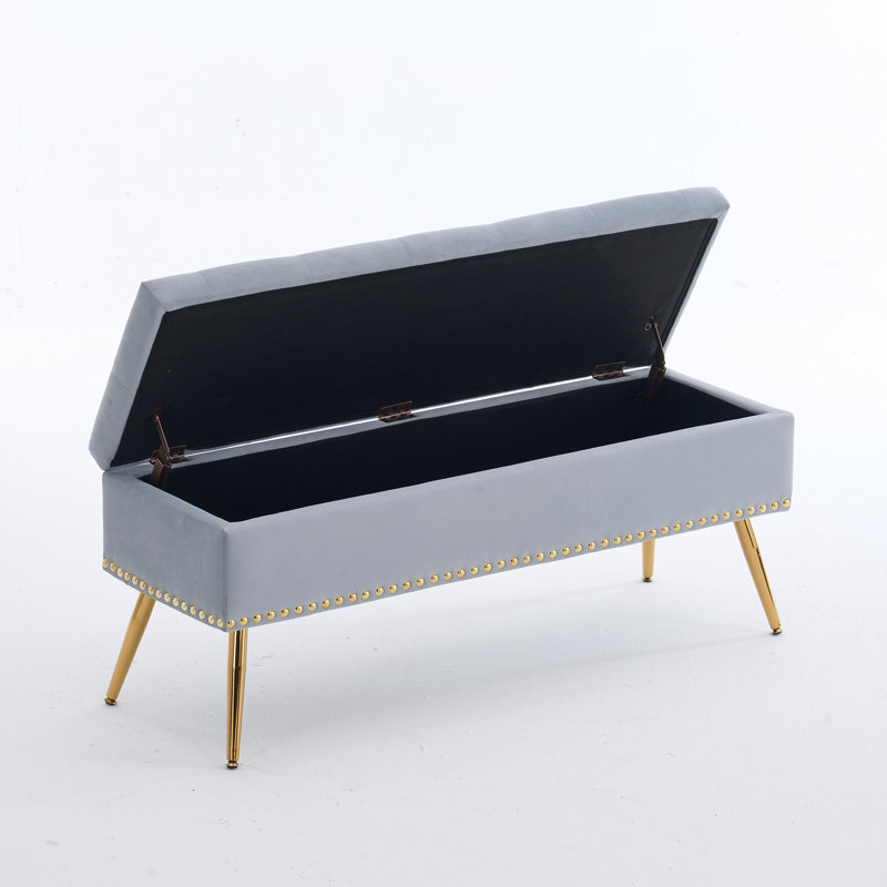 Banc repose-pieds en velours avec rangement, Gris, H 18 po x l 46 po x P 15,5 po