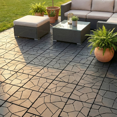 44-Piece 12" Stone-Look Interlocking Outdoor Floor Tiles, Tool-Free Snap-Lock, Heavy-Duty PP, Anti-Slip Stone Texture, Weather-Resistant & Drainage Ready