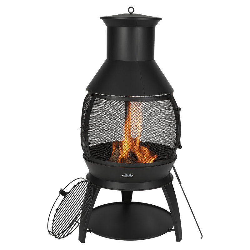 Chiminea Outdoor Wood Burning Iron Firepit with Grill Mesh & Chimney Coat