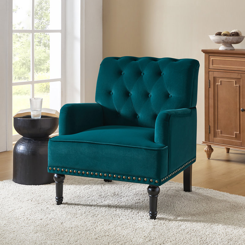 Fauteuil en velours de polyester avec garniture cloutée 28,5 po Jakub, Polyester sarcelle