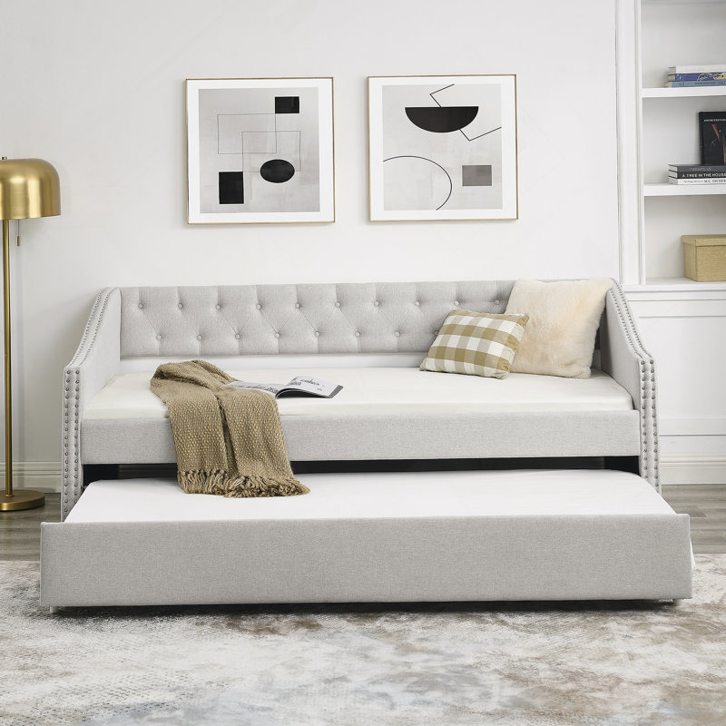 Lit de jour avec couchette rembourrée et capitonnée, avec bouton à l'arrière, Beige