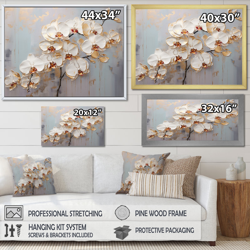 «Beige et or», reproduction d'or sur toile IV, H 34 po x l 44 po x P 1,5 po, Cadre flottant blanc