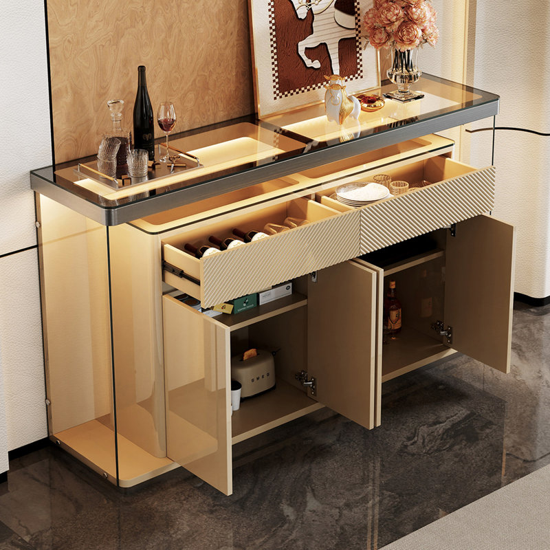 Buffet de luxe de style crème, plateau en verre trempé, armoire de vestibule à lumière DEL, armoire de rangement en bois massif multicouche