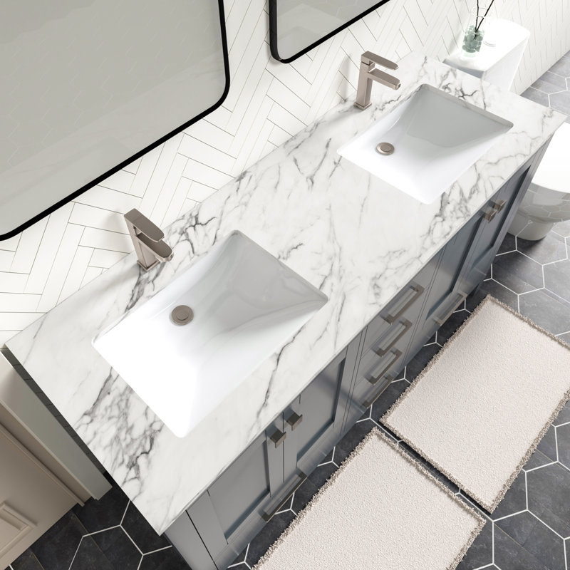 Anvay 60 in. Double Sinks Freestanding Bathroom Vanity in Charcoal Gray with Carrara Marble Top, Marble - White Carrara