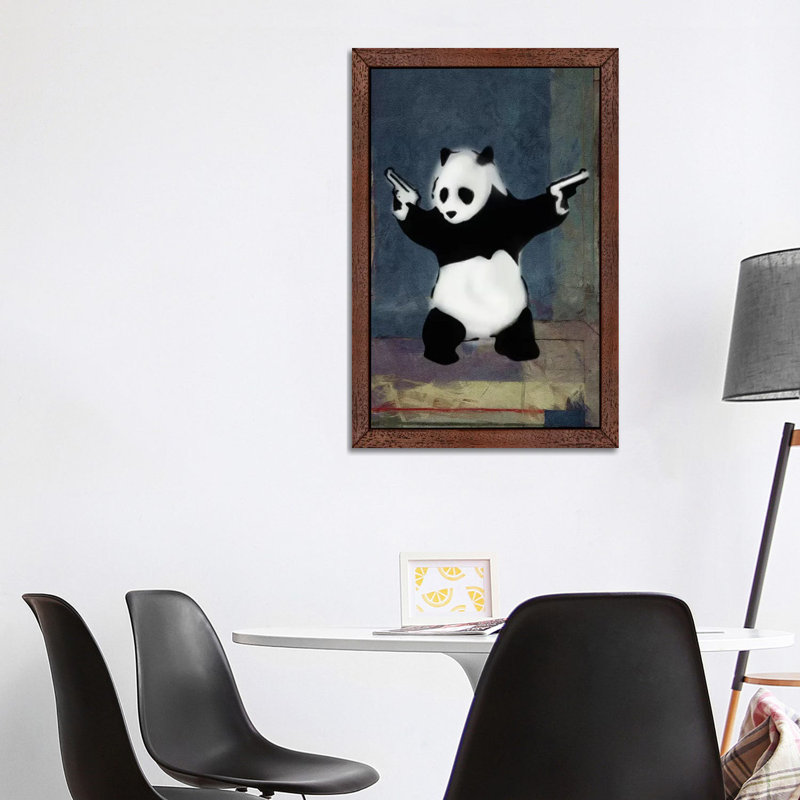 Panda With Guns Blue Square - Print on Canvas, 101.6 cm H x 66.04 cm W, Brown Framed
