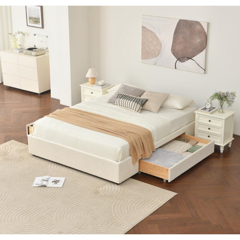 2 Wooden Large Drawers Upholstered Platform Storage Bed, Cream, Queen
