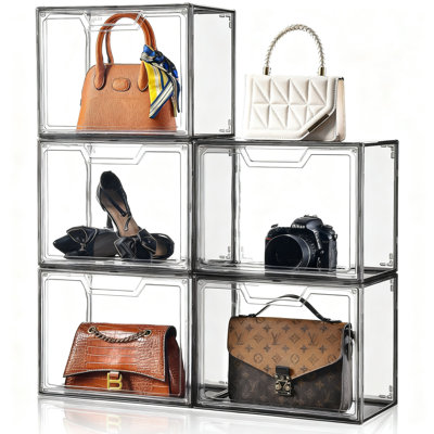 Clear Acrylic Purse Organizer for Closet, Handbag Storage Box with Magnetic Door, Plastic Display Case for Books, Collectibles, Cosmetics, 5 Pack (Clear)