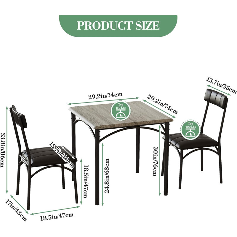 Ensemble de table de salle à manger 3 pièces pour 2 personnes, table de cuisine carrée peu encombrante avec 2 chaises rembourrées, structure en métal et panneau de fibres à densité moyenne à grain de bois, capacité de 150 livres, pour petit studio d'appartement, gris ciment