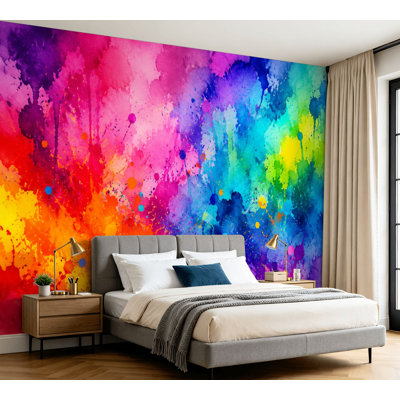 Wall Mural Peel and Stick Wallpaper Abstract Watercolor Splash Vibrant Rainbow Colors Colorful Paint Self-Adhesive Removable Contact Paper Wall Decor for Living Room Bedroom 100"H x 144"W