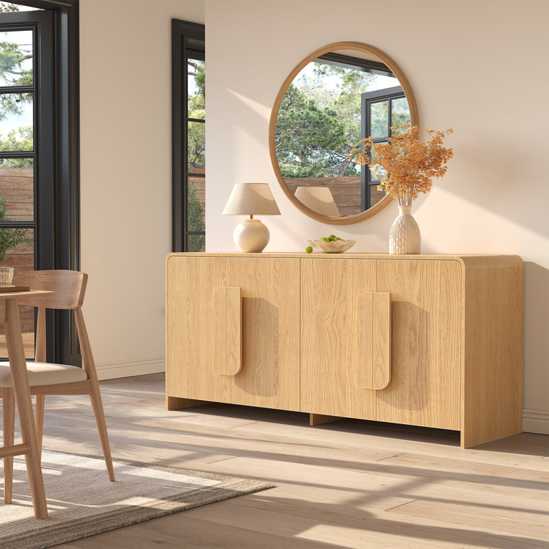 Buffet incurvé moderne de 63,78 po avec 4 portes et poignées irrégulières pour le rangement dans la salle à manger, Beige