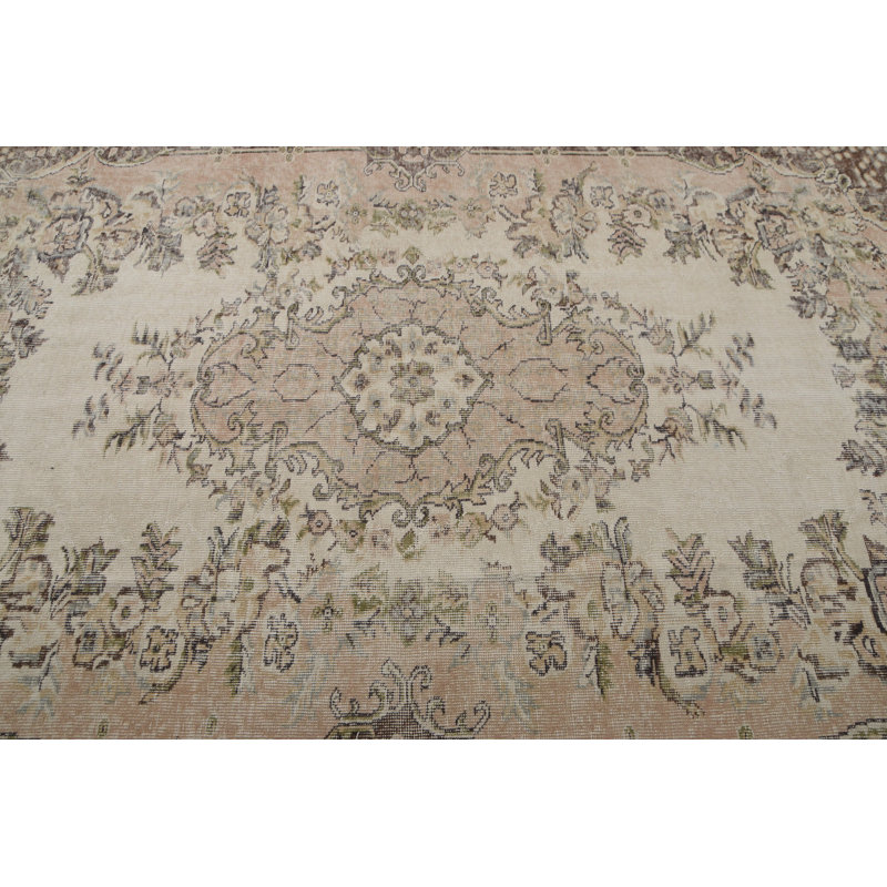 Grand tapis Oushak rétro beige pour le salon ou la chambre à coucher - motif turc tissé à la main