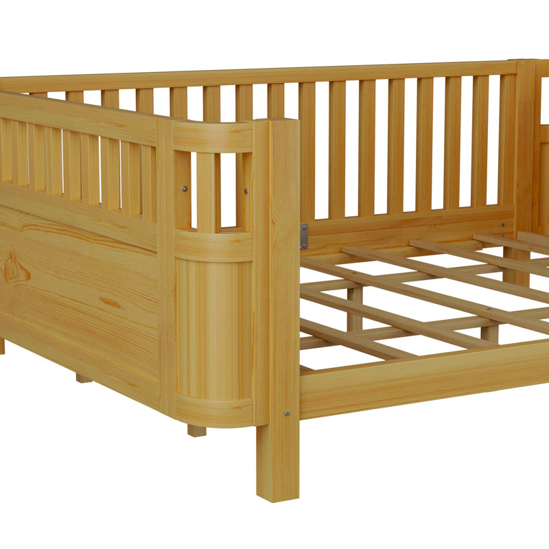 Queen-Sized Wooden Platform Bed, Low-Profile Wood Bed With Rails For Boys And Girls, Natural, Natural