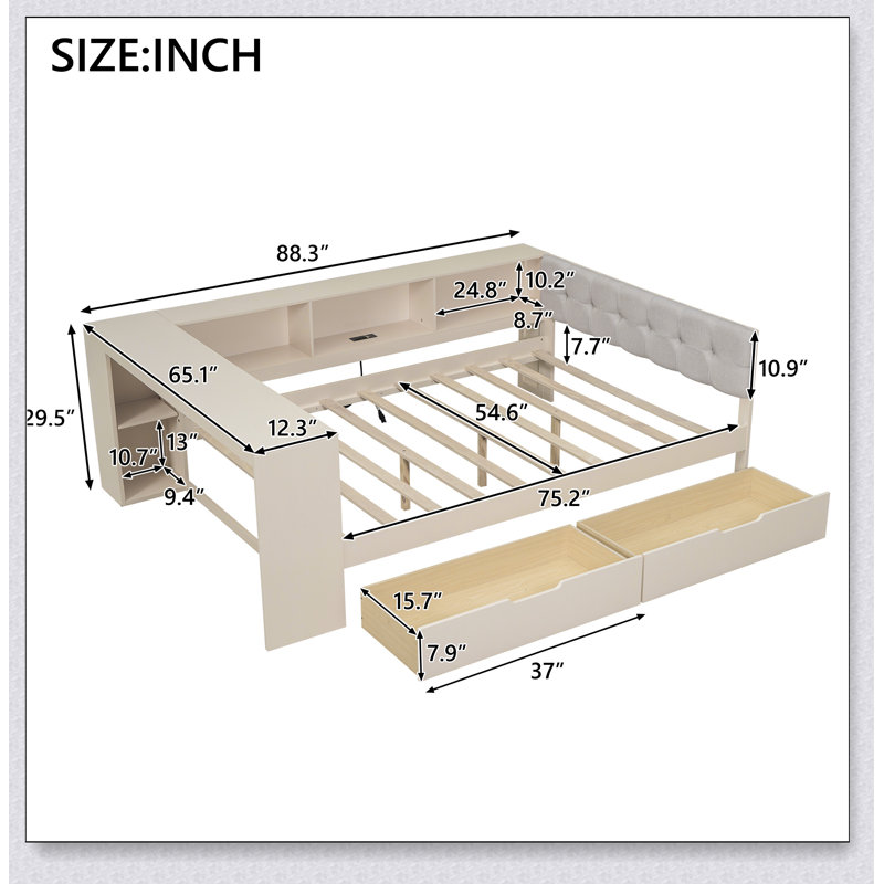 Lit plateforme en bois avec tablettes de rangement, tiroirs, station de charge et tête de lit tapissier