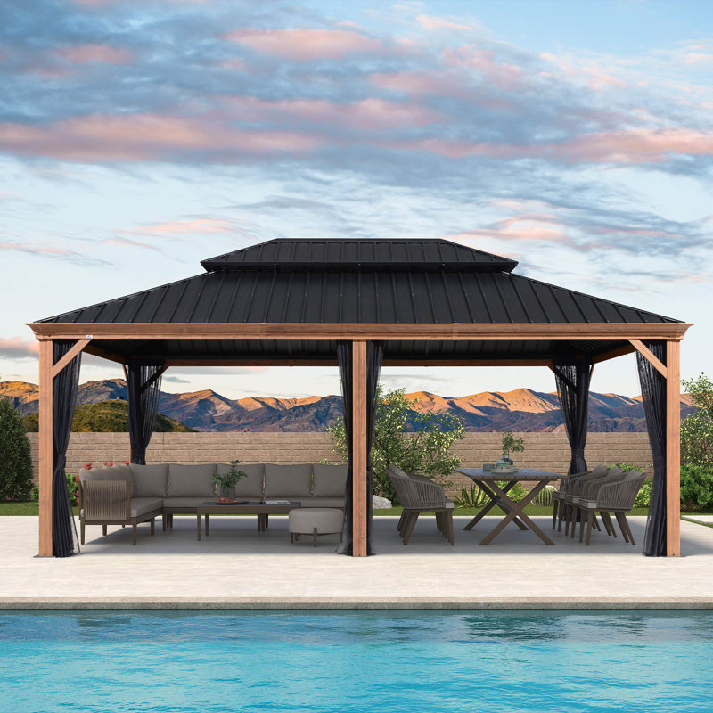 Purple Leaf 14' X 20’double Roof Aluminium Patio Gazebo For Lawn And Garden With Netting
