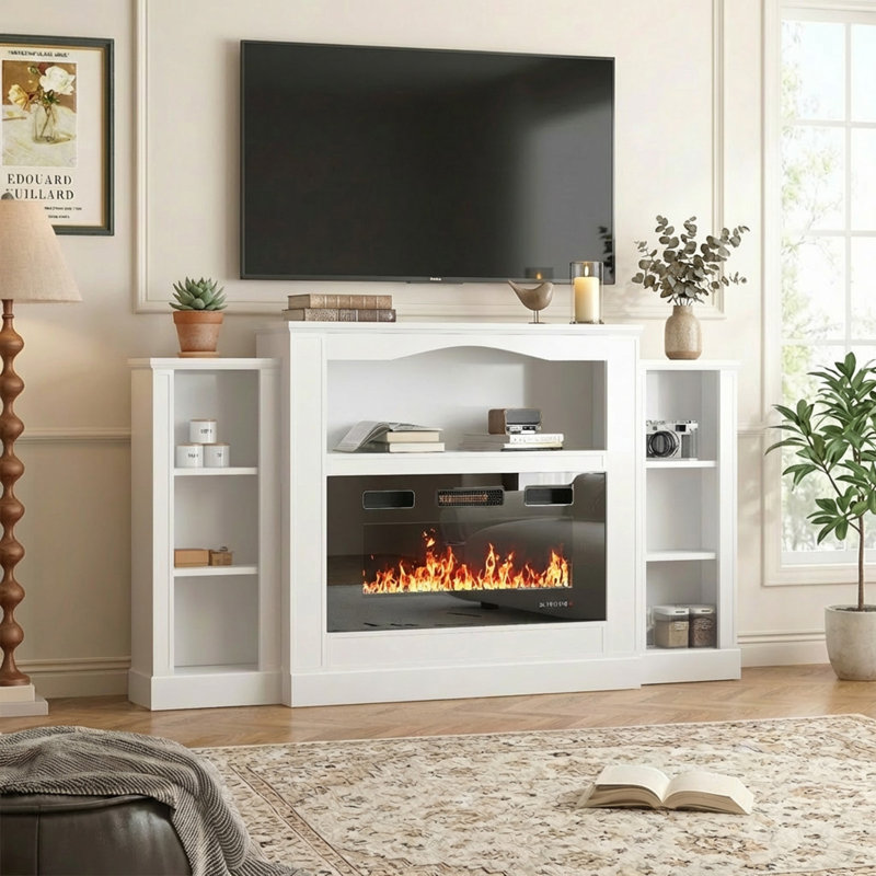 Meuble télé blanc pour foyer électrique avec bibliothèques de rangement pour téléviseurs de 80 po ou moins