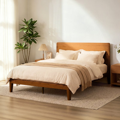 Japanese Joinery Bed Frame Queen with Storage Headboard, Bamboo Platform Bed, Movable Bedside Table, Charging Station, Tool-Free Assembly, Natural Walnut
