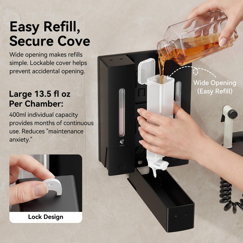 Distributeur de shampooing et revitalisant - Distributeur de savon de douche mural à 3 chambres, sans perçage, capacité 1200 ml, pour salle de bain et hôtel