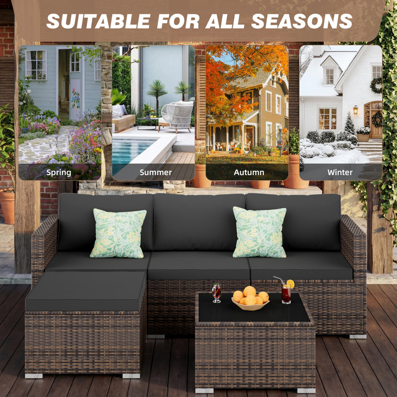 5 Pieces Patio Conversation Sets Outdoor Sectional Sofas 4-Person Seating Group With Cushions Gray, Brown, Gray