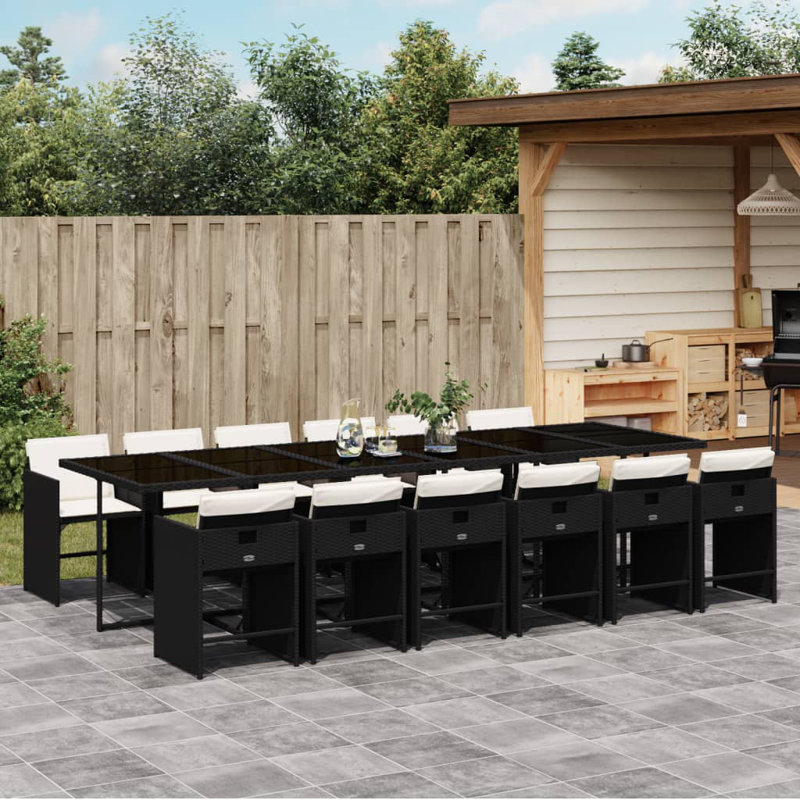  Ensemble de salle à manger de patio avec 12 coussins en rotin de polyester noir et blanc crème, Blanc, crème, Noir