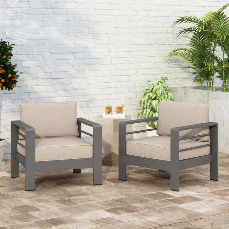 Caggiano Patio Aluminum Chair with Cushions, Beige, Gray