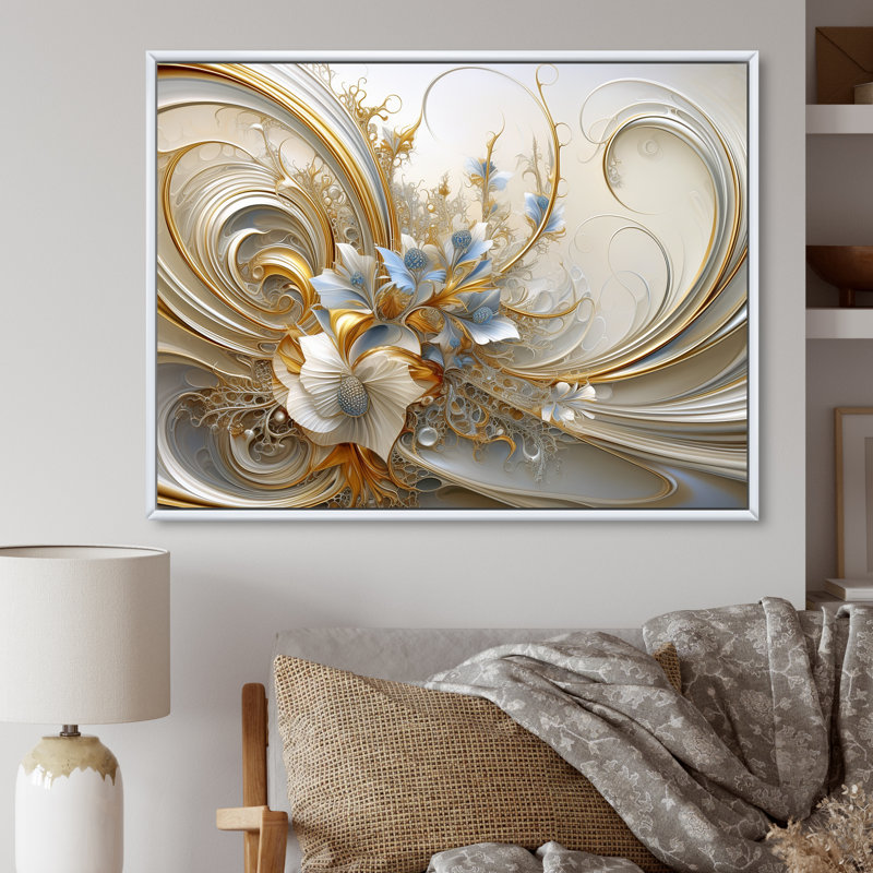 Spirale florale tourbillonnante Tender Light Blue, H 30 po x l 40 po, Reproduction avec cadre flottant, Cadre simple blanc