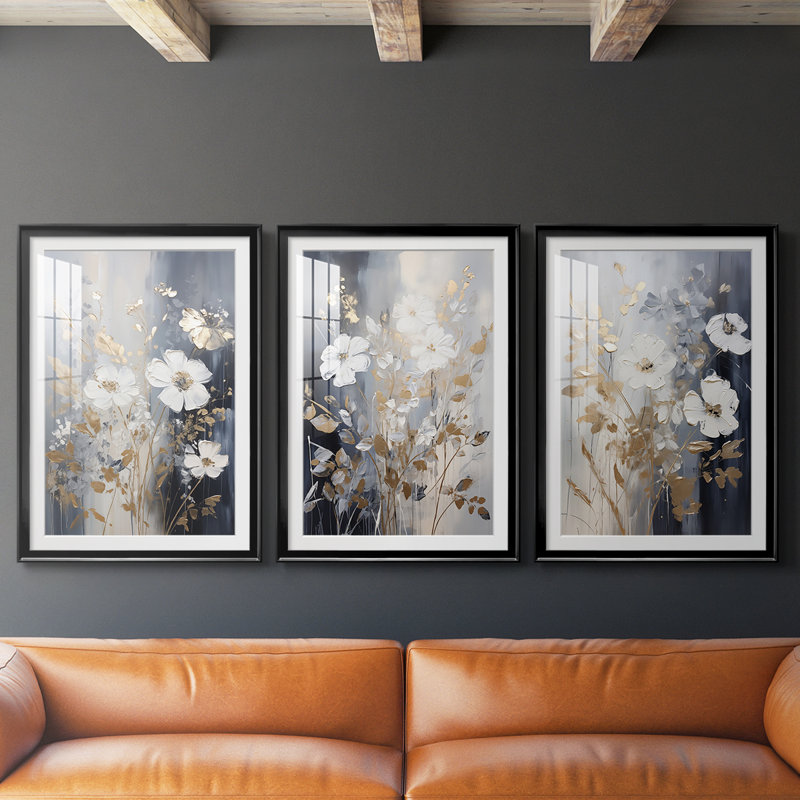 FLORAL Series CECXVII - Impression encadrée sur mesure de qualité supérieure - 3 pièces, H 15 po x l 19 po, Noir