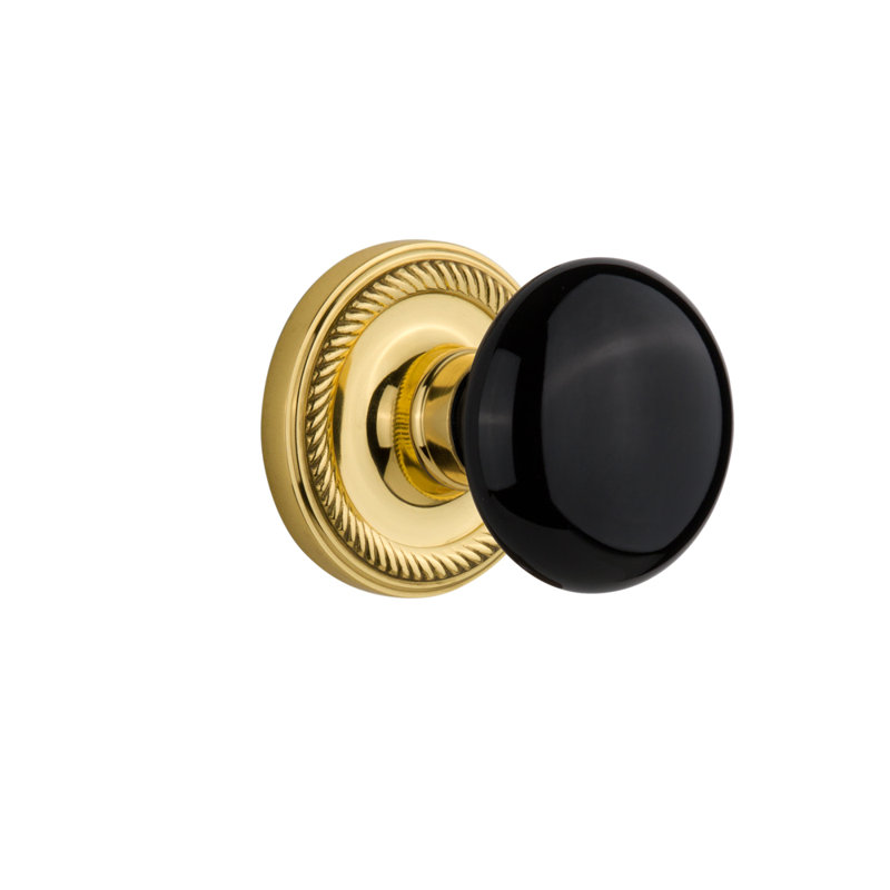 Rosette corde avec bouton de porte en porcelaine noire, 2 3/8 po, Laiton poli