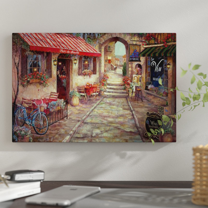 «Bar Du Marche» par Ruane Manning - reproduction sur toile tendue, H 24 po x l 32 po x P 1 po, Papier avec cadre noir, Blanc
