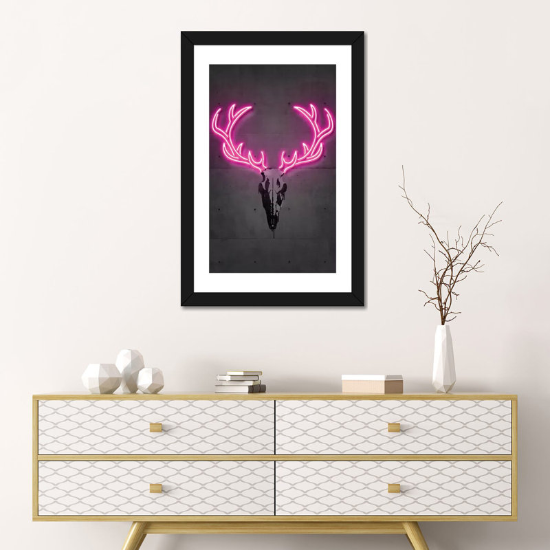 « Deer Skull » par octave Mielu-impression d’art graphique, H 24 po x l 16 po x P 1 po, Papier encadré noir, Blanc