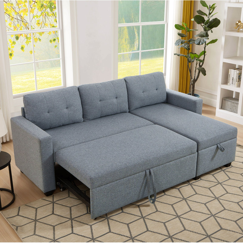 Canapé modulaire rembourré escamotable avec méridienne de rangement, canapé d'angle convertible, Lin gris