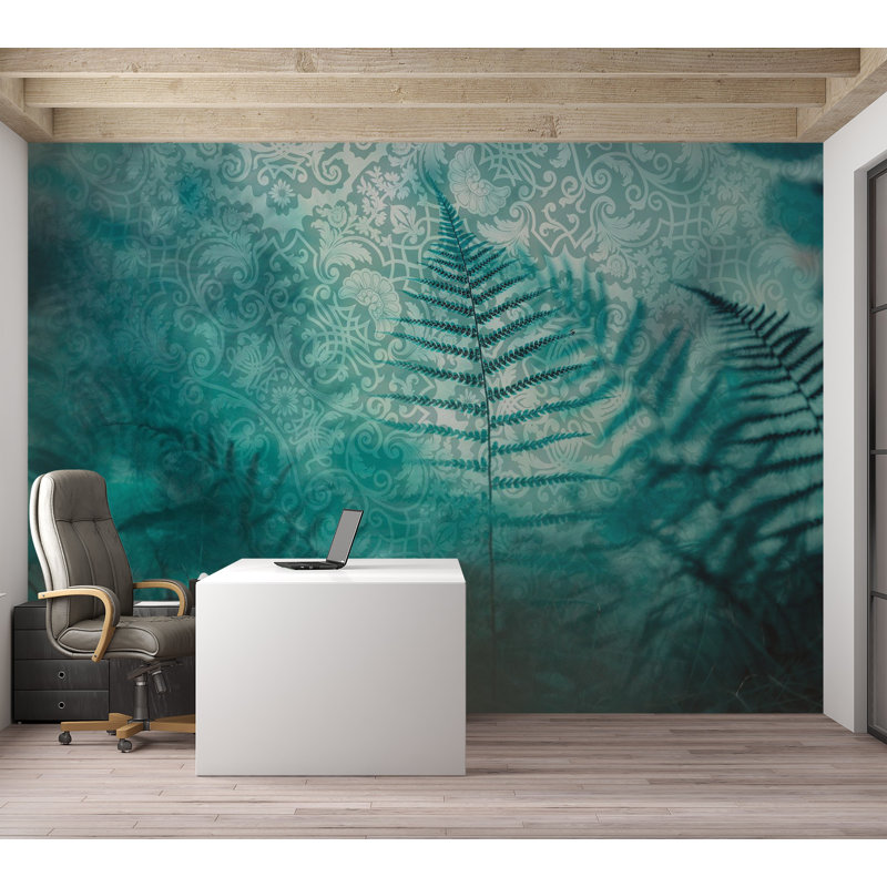 Papier peint botanique - ombres fougères bleues, L 68 po x l 98 po