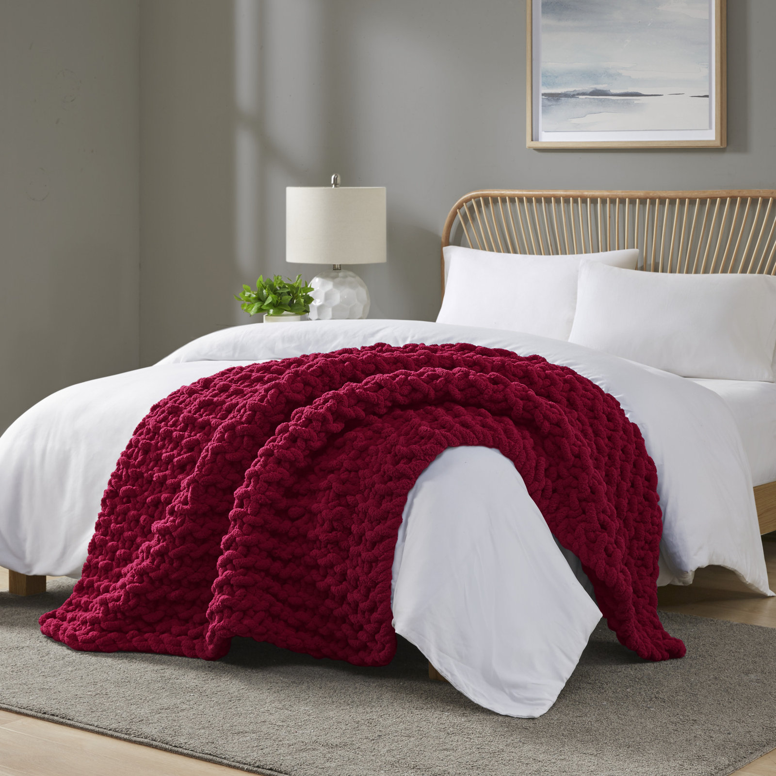 Chenille Chunky Knit Luxurious Soft Handmade Throw, Red