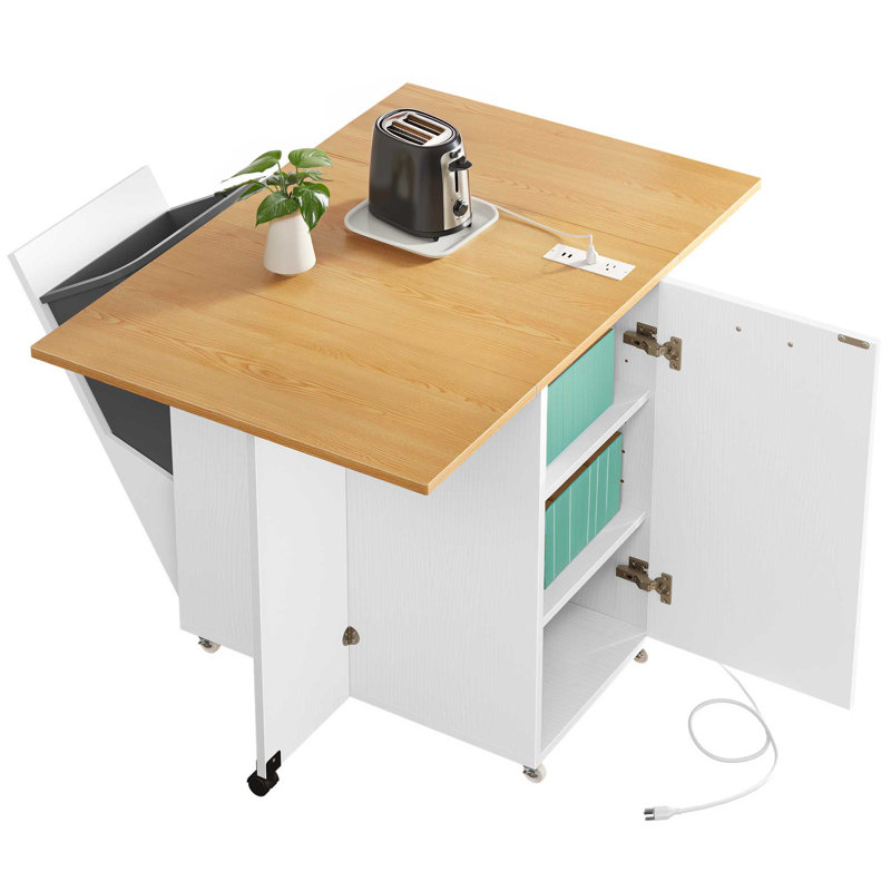 Foldablea and Drop Leaf Kitchen Island with Trash Can Storage (Trash bin not included)
