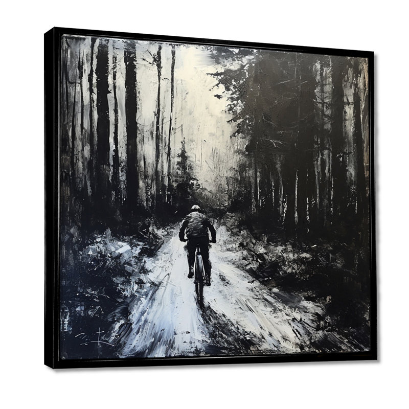 «Biking In The Winter Woods» - Décoration murale vélo, Cadre flottant noir, H 16 po x l 16 po x P 1 po