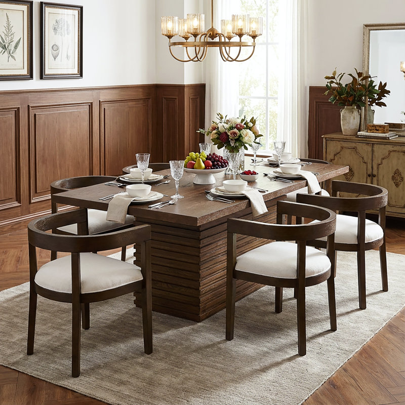 Avelin Contemporary Rubberwood 7-Piece Dining Set With Upholstered Tub Armchairs
