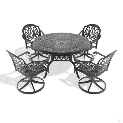 Cet ensemble de salle à manger en fonte d'aluminium toutes saisons comprend des chaises pivotantes et une table ronde avec cadre noir