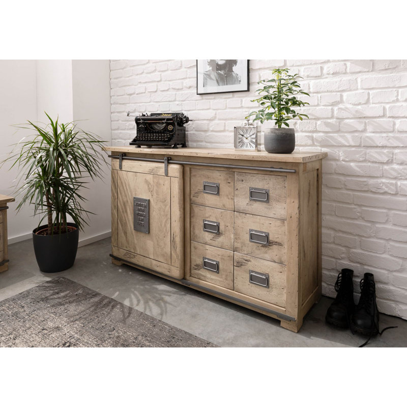 Railway 140cm Solid Wood Sideboard, Whitewash Lacquered