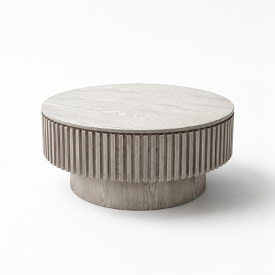 Table basse ronde avec rangement caché, table de thé d'appoint moderne en placage de bois massif, table de centre cannelée en forme de champignon
