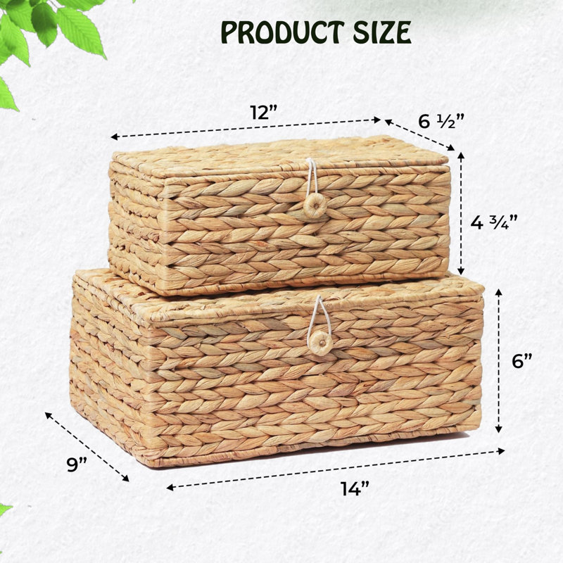 Set Of 2 Rectangular Wicker Storage Bins With Lid, Multipurpose Organizer Rattan Display Boxes For Shelf Organizer, Boho Wicker Box For Home Decoration